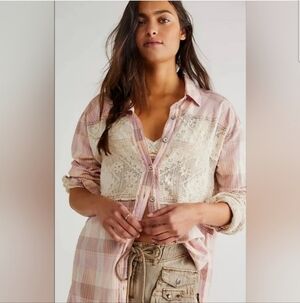 NWOT Free People Double Cross Cutwork Plaid Top $228 Retail! Size Xs